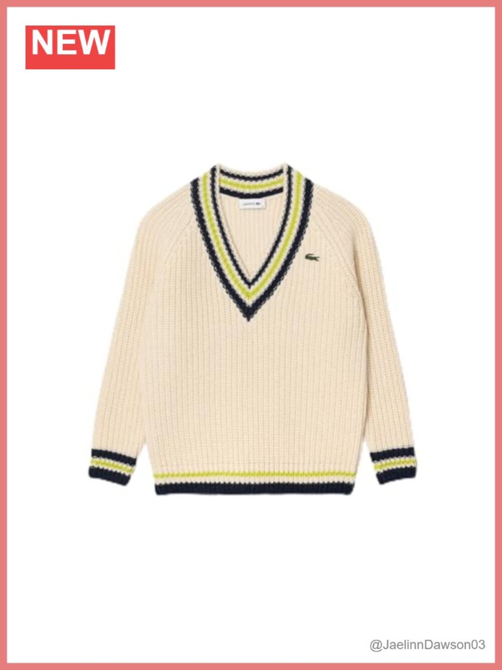 Lacoste V-Neck Pullover Sweater Heavy Gauge Knit Oversized